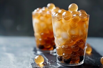 Poster - Two glasses of iced bubble tea are standing on a slate coaster