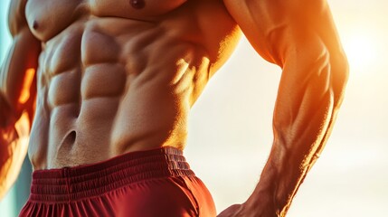 Poster - Close-up of a muscular male torso with defined abs and bicep, showing a healthy and fit physique.