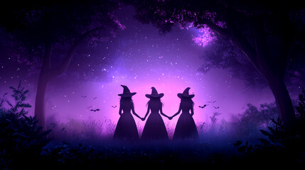 Three witches are holding hands in a forest. The witches are wearing black dresses and are surrounded by trees. Scene is mysterious and spooky