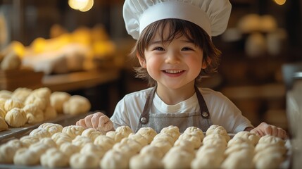 Asian girl wearing a chef hat, excitedly cutting dough with cookie cutters, with flour and baking tools around him