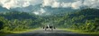 © Mikus - A large jetliner rests on the tarmac, bordering a lush green forest, amidst a cloud-studded sky