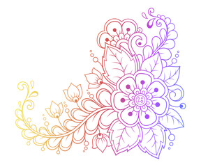 Wall Mural - Colorful floral pattern for Mehndi and Henna drawing. Hand-draw lotus flower symbol. Decoration in ethnic oriental, Indian style. Rainbow design on white background. Outline vector illustration.