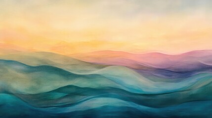 Wall Mural - Softly blended pastel hues in a flowing abstract landscape, resembling a tranquil sunrise over rolling hills