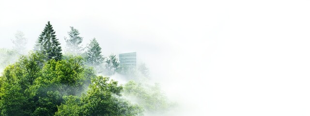 Poster - tall structures distant, trees near, fog dense up front