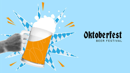 Wall Mural - Halftone collage for Oktoberfest decoration. Vector cutout halftone elements for Oktoberfest. Halftone hand raising large beer mug on background of cut out paper with white and blue rhombus.