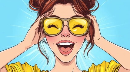 Sticker - Vibrant cartoon of a joyful woman in VR, evoking playful emotions with a bold s pop art twist against a blue backdrop.