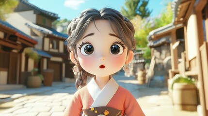 Poster - A lovely girl in hanbok stands in a quaint Joseon village, her sad expression highlighted by the vibrant 3D animation style.