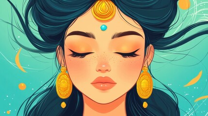 Poster - A serene goddess with turquoise skin, adorned in gold, embodies beauty and grace in this charming D illustration.