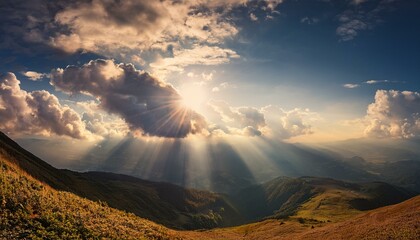 Cinematic shot of the sun shining through clouds, with a close-up view.