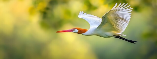  A large white bird with a reddish beak flies against a blurred backdrop of trees and autumnal leaves