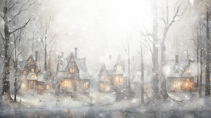 Wall Mural - postcard, christmas houses in snowfall, winter white background, festive art and illustration