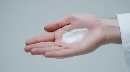 A hand holding a small amount of white cream on a neutral background, ideal for beauty and skincare concepts.