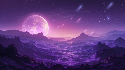 A Purple Landscape Under a Large Moon and Shooting Stars