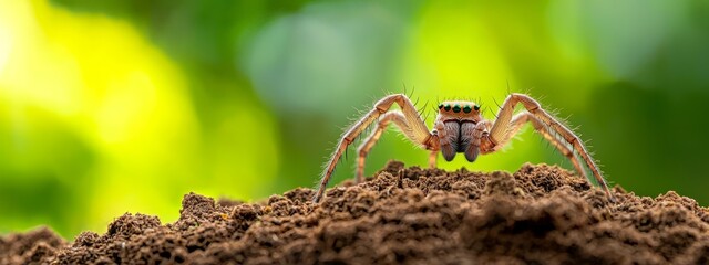 Poster -  A tight shot of a spider atop a mound of soil, surrounded by a hazy backdrop of green foliage