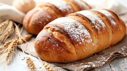 A loaf of freshly baked bread with wheat stalks and flour scattered around it.