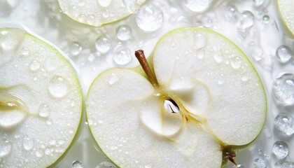 Wall Mural - Close-up of Green Apple Slices Submerged in Water with Water Droplets