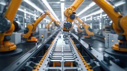 robotic arms assembling car frames on a production line in an automotive factory, with advanced mach