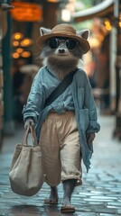 Canvas Print - A raccoon wearing a hat, sunglasses, and a light blue shirt walks down a cobblestone street, carrying a bag in his hand.