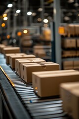 Automated Conveyor Belt with Cardboard Boxes in a Modern Warehouse Distribution Center