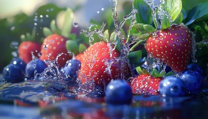 Wall Mural - Strawberries and Blueberries Splashing in Water