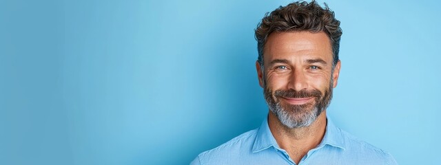 Poster -  A bearded man, dressed in a blue shirt, smiles at the camera