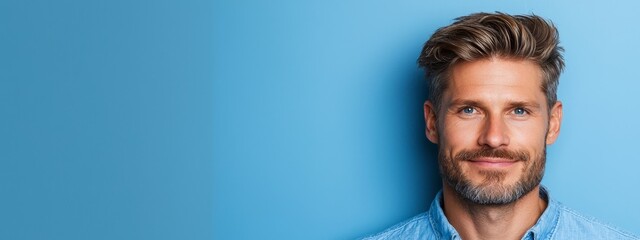  A tight shot of a bearded man in a blue shirt, grinning at the camera