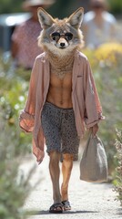 Wall Mural - A coyote wearing sunglasses, a pink shirt, and shorts walks down a path.