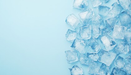 Clear ice cubes scattered on a light blue background, perfect for cocktail, drink, or refreshment concepts.