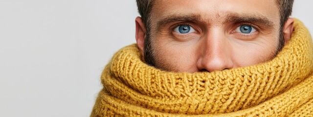 Wall Mural -  A man in a yellow scarf gazes at the camera with a shocked expression, his face tightly focused in a close-up shot