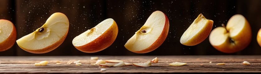 Wall Mural - Fresh Apple Slices in Mid-Air with Wooden Background - High-Speed Photography Capturing Motion and Freshness