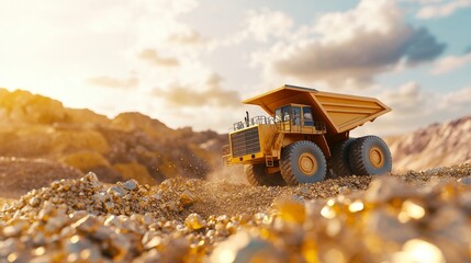 Mining truck transporting gold in quarry during sunset, showcasing machinerys power and beauty of landscape.