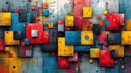 Wall Mural - A colorful abstract painting with squares of different colors