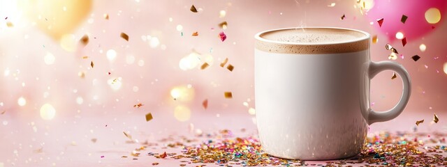 Sticker -  A cup of coffee atop a confettied table