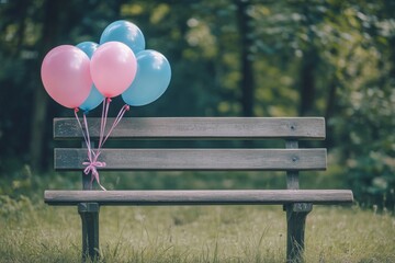 A few balloons gently float over a secluded park bench