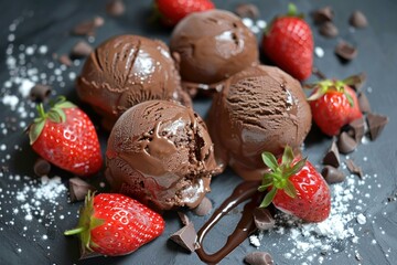 Poster - Delicious chocolate ice cream scoops melting on a dark slate background, decorated with fresh strawberries and chocolate pieces