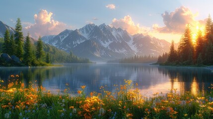 Wall Mural - A beautiful mountain lake with a sun setting in the background