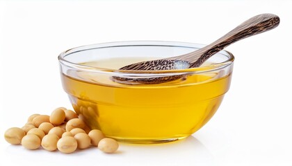 Wall Mural - Soybean oil or vegetable cooking oil in glass bowl with wooden spoon isolated on white background with clipping path.
