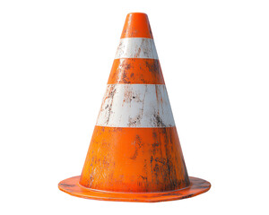 A weathered orange traffic cone with white stripes, commonly used for road safety and construction zones, isolated on transparent background.