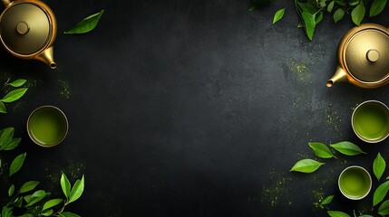 Asian food banner featuring green tea, cups, and a teapot with leaves, set against a dark background with space for text