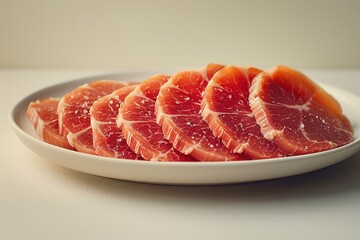 Freshly sliced meat arranged neatly on a white plate, highlighting rich colors and textures in natural light