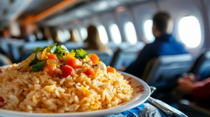 On the tray table is an airplane meal featuring a lively vegetable stir-fry, brown rice, and a serving of fresh fruit