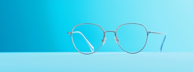 Poster -  A pair of glasses rests on a light blue table, against a gentle blue background