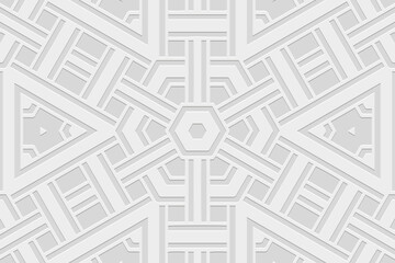 Wall Mural - Elegant white background, tribal design cover, banner. Geometric unique 3D pattern. Embossed ornaments, handmade. Ethnic boho style. Ethnicity of the East, Asia, India, Mexico, Aztec, Peru.