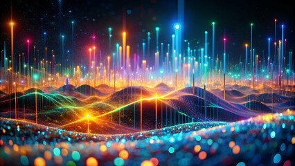 Wall Mural - Vibrant abstract landscape illuminated by countless sparkling lights, perfect for digital projects.
Neon-hued digital landscape with dynamic forms and a sense of wonder.