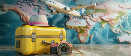 Wall Mural - A yellow suitcase with a pink hat on top of it is next to a camera