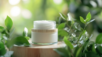 Canvas Print - A natural skincare cream jar surrounded by green leaves on a wooden surface in a tranquil, sunlit setting