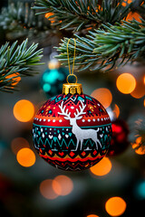 Festive Christmas ornament with Nordic deer design hanging from a tree branch, set against a sparkling bokeh background.