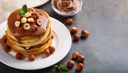 Wall Mural - Pancakes with chocolate paste and hazelnuts, on a white plate on a background of concrete, slate with copy space for your text
