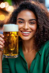 Wall Mural - Happy young African woman with curly hair in green shirt in an outdoor pub, holding a large beer mug and celebrating Oktoberfest.