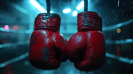 red boxing gloves, worn and scuffed, hanging from a hook, dramatic lighting, intense training session, sweat dripping off the gloves, powerful punches, boxing ring in the background